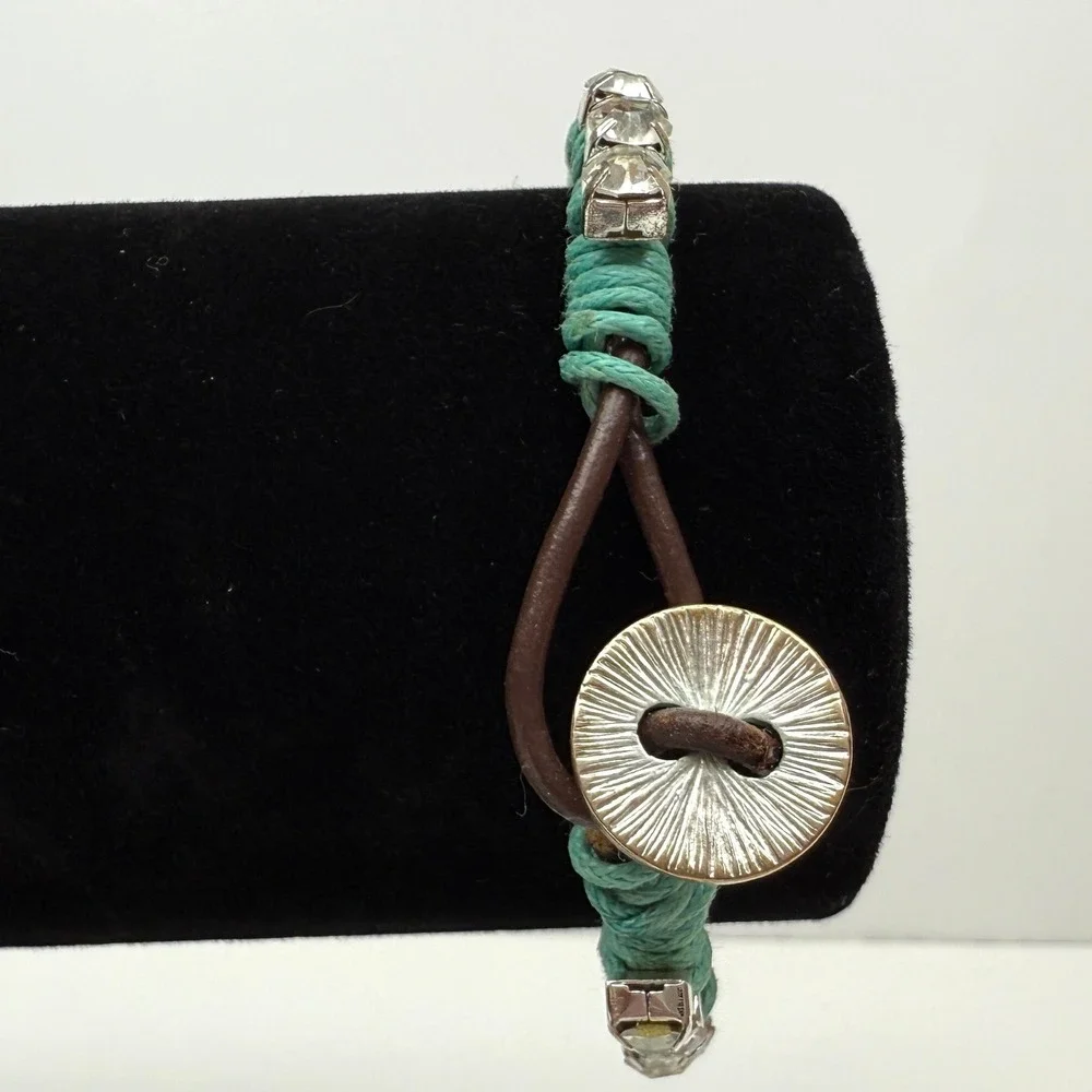 Crystal Rhinestone Bracelet Teal Wrap Button Closure Boho Chic Jewelry 6.5